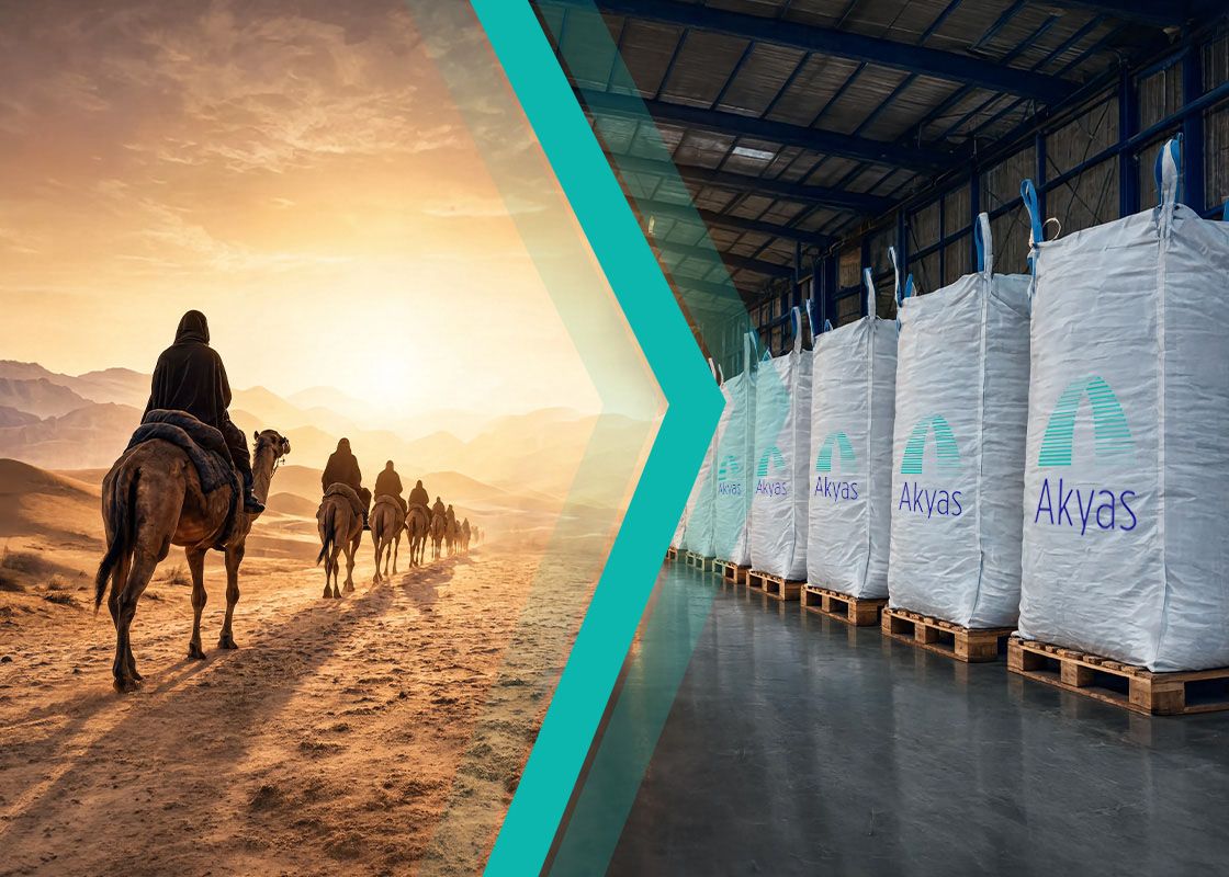 Camel caravan merging into a modern warehouse of jumbo bags